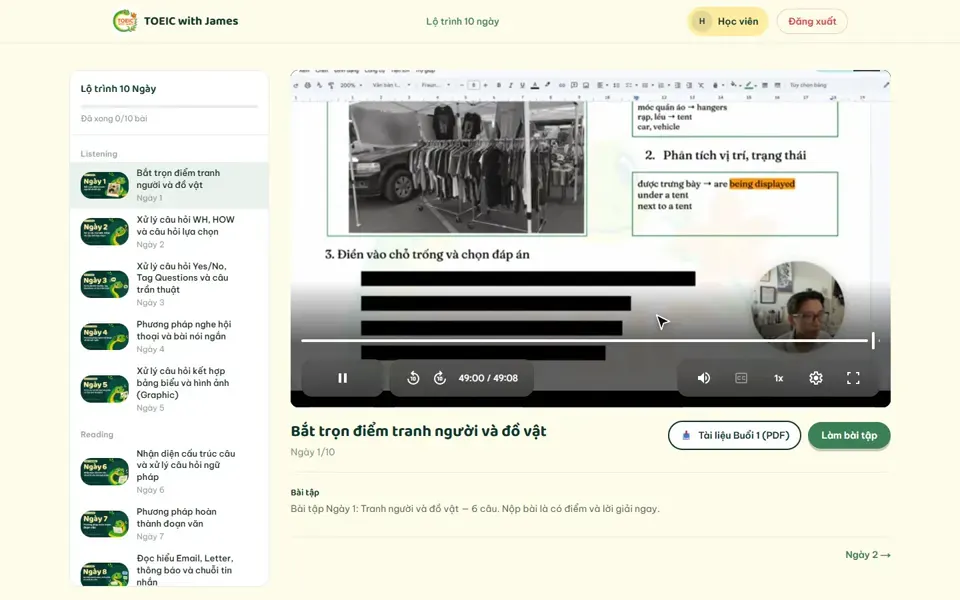 Xem xong video bài giảng Ngày 1 rồi chuyển sang làm bài tập