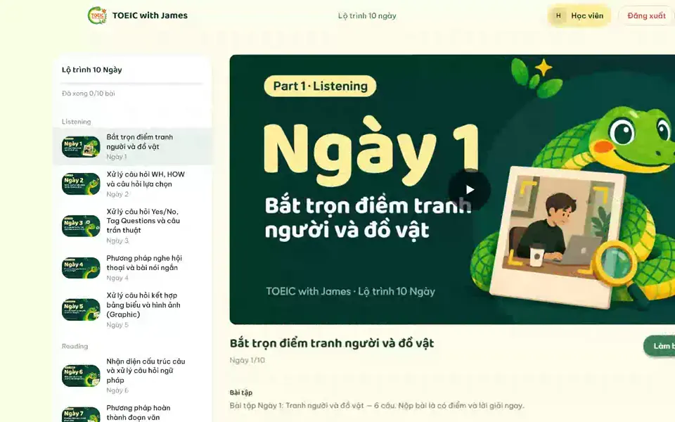 Thanh tiến độ tăng từ 0/10 lên 1/10 sau khi làm xong Ngày 1